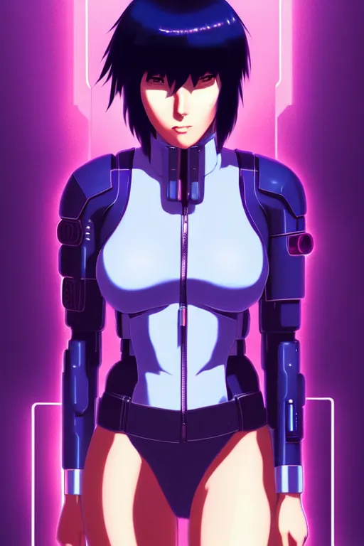 Image similar to a still fullbody portrait of motoko kusanagi ghost in the shell, finely detailed features, closeup at the faces, perfect art, at a cyberpunk city, gapmoe yandere grimdark, trending on pixiv fanbox, by ilya kuvshinov, rossdraws, artgerm