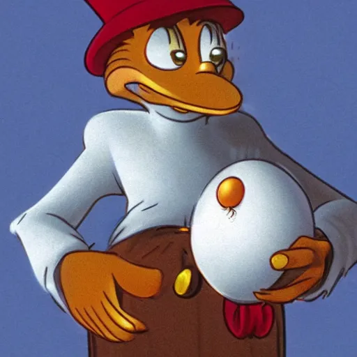 Prompt: Young Scrooge McDuck at White Agony Creek holding up goose egg nugget, hyper realistic