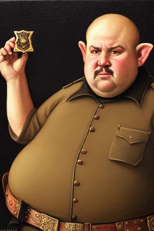 Image similar to high fantasy elf mall cop at a tavern with a sheriff's badge that is fat, shifty, and incompetent, portrait from the chest up, Famous painting by Renaissance Painter Carvagio, Oil Painting, hyper realistic,, 8k UHD scan