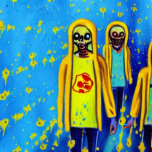 Image similar to painting of zombies walking in a blue sky, yellow raining