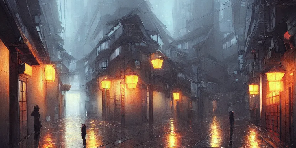 Image similar to a painting of a rain soaked back street in osaka, digital art, trending on artstation, by studio ghibli and greg rutkowski. spirited away. trending on artstation, hyperrealism, unreal engine