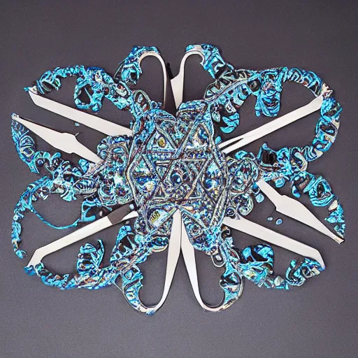 Image similar to upcycled scissors modified into a ornate crib, blue crystal exploding, 4k (blue)!!, double exposures on 35mm film!, scissor people, scalier skin for moisture retention, adapted to a drier climate, Genetic isolation with different environmental pressures yields a variant of yautja by michael vincent, x-chromosome pair of steel scissors joined in the center, alien anatomyArt by Joel peter Witkin, art by hr Geiger, art by Brom, art by Todd McFarlane, 8k concept art, low poly, cinematic, horror, monsters, fur, shadows, full color, best practice, creature, cinematographic, cinematic, hyper realistic, detailed, 8k, octane render.