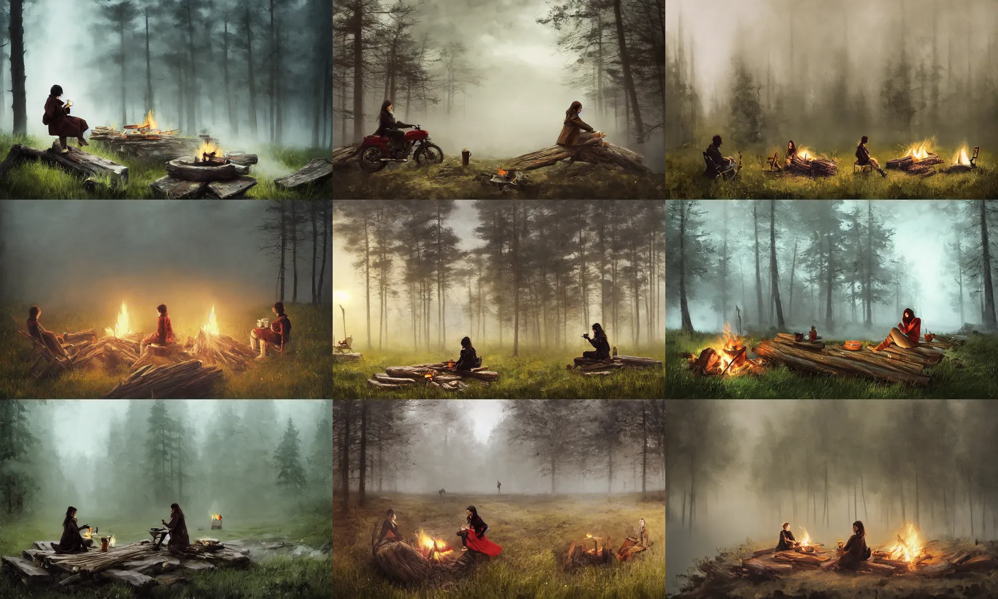 Prompt: Last artwork by Jakub Rozalski, Top rated on artstation. Panoramic photograph on a girl with short black hair and green eyes in a tan trenchcoat sitting on a log and drinking tea by the campfire by her motorcycle at night under the stars, ray tracing, large landscape with village, in the style of Jakub Rozalski