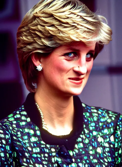 Image similar to princess diana as a cyberpunk woman, intricate, cinematic lighting, highly detailed, canon 3 5 mm photography, horizontal symmetry, smooth, sharp focus