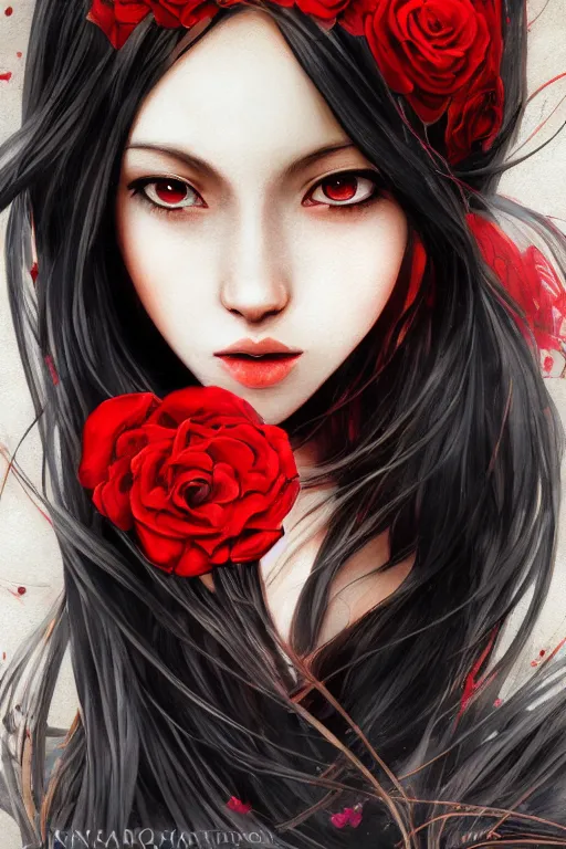 Image similar to high quality digital portrait of woman with long black hair, red eyes, red headband, golden roses in hair, anime, face, fantasy, intricate, elegant, highly detailed, digital painting, concept art, smooth, sharp focus, illustration, art by hiromu arakawa, krenz cushart, sui ishida, trending on artstation