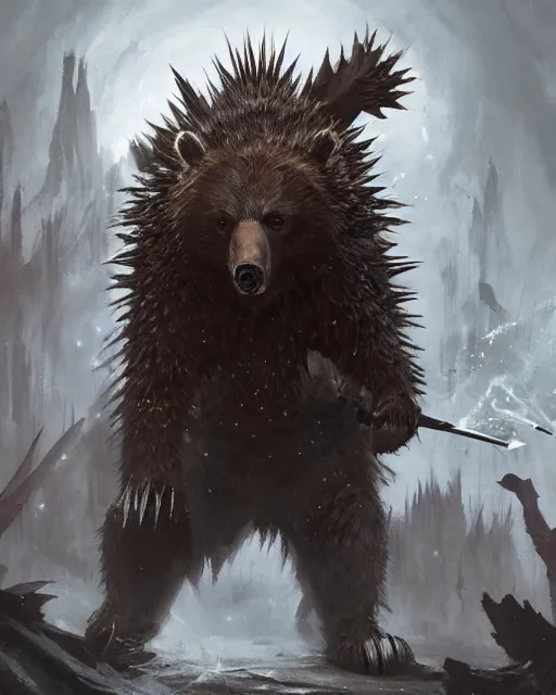 Prompt: Bear Spiky Armor, magic the gathering artwork, D&D, fantasy, cinematic lighting, centered, symmetrical, highly detailed, digital painting, artstation, concept art, smooth, sharp focus, illustration, volumetric lighting, epic Composition, 8k, art by Akihiko Yoshida and Greg Rutkowski and Craig Mullins, oil painting, cgsociety