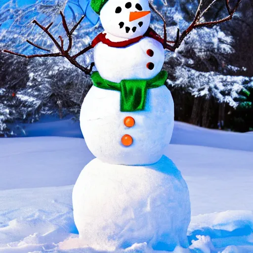 Image similar to photograph of snowman with the face of a school aged boy hd 8k