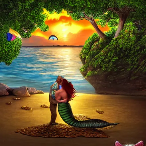 Prompt: a leprechaun kissing a mermaid on the beach. the sun is setting in the background, bathing the scene in beautiful golden light. chateau, 3 d art, digitial illustration, perfect lightning