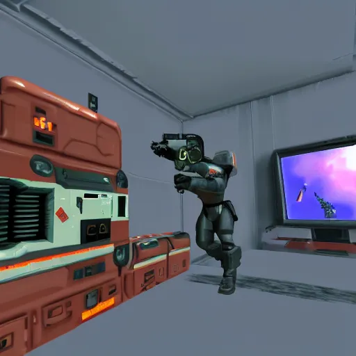 Image similar to first - person shooter, sci - fi first - person - shooter on nintendo 6 4, 1 9 9 9 graphics, low poly graphics, crt tv