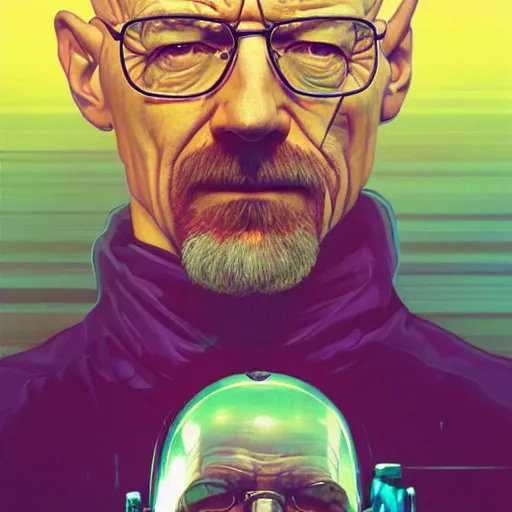 Prompt: high quality illustration, walter white realistic portrait, by etam cru, cyberpunk, alphonse mucha, riot game, beautiful, epic camera, colorful background, arcane, league of legend, digital painting, dynamic colors, artstation, concept art, graffiti, neon