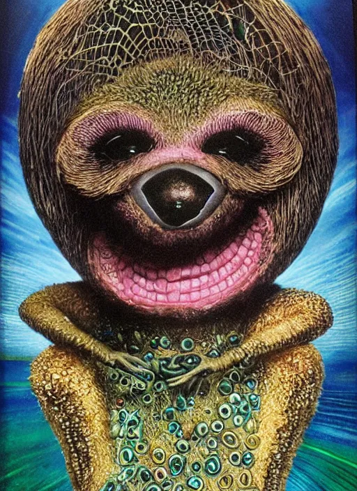 Image similar to portrait of humanoid raccoon surfer made of mycelium and iridescent scales, amanita muppet punk, basil wolverton, r crumb, hr giger, dali