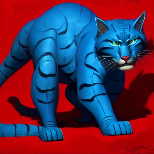 Image similar to big blue cat with red sable. turqoise background. painting by eddie mendoza, greg rutkowski