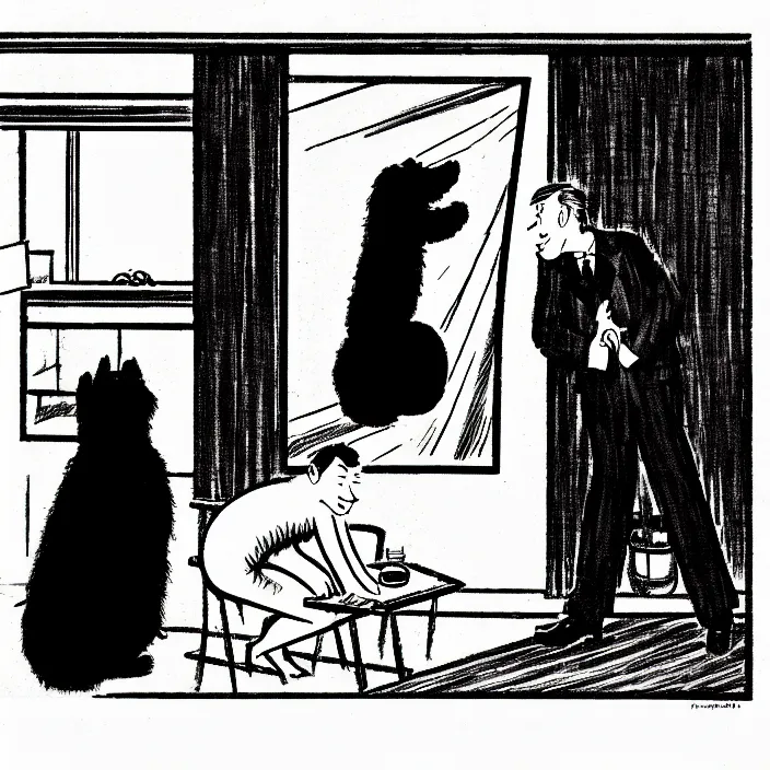 Prompt: a still frame from comic strip, two people hanging a black fluffy dog 1 9 5 0, herluf bidstrup, new yorker illustration, monochrome contrast bw, lineart, manga, tadanori yokoo, simplified,