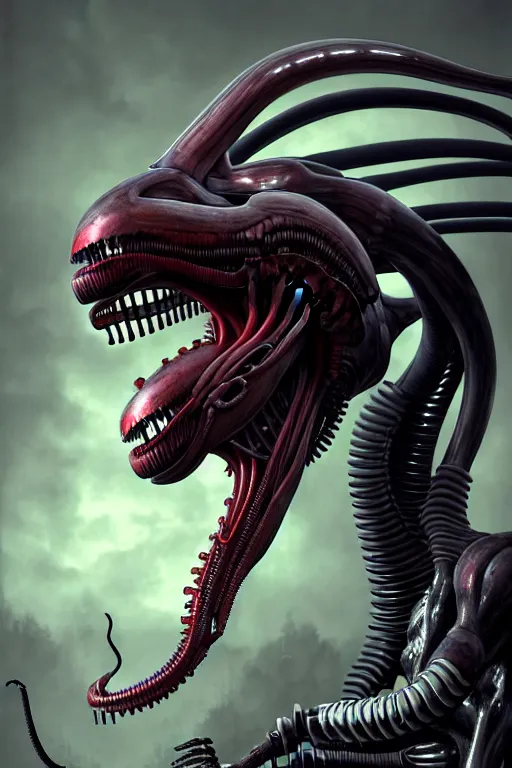 Image similar to highly detailed, industrial photography, profile view of adult xenomorph, long straight bangs, confident, illustration concept art by mark ryden, lostfish, detailed and intricate environment, 8 k resolution, hyperrealistic, octane render