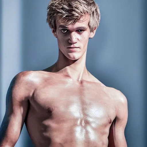 Image similar to a realistic detailed photo of a guy who is an attractive humanoid who is half robot and half humanoid, who is a male android, soccer player martin ødegaard, shiny skin, posing like a statue, blank stare, in a living room, on display, showing off his muscles