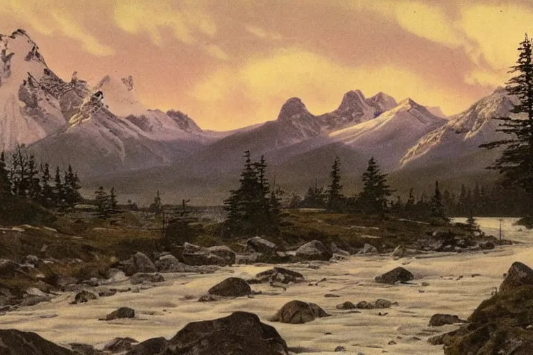 Prompt: a vintage postcard illustration of an epic landscape scene of the three sisters mountains in canada, with snow on its peak, at sunrise in springtime, with a small river in the foreground, by hiroshi yoshida, atmospheric, volumetric lighting, rolling fog, breathtaking, highly detailed