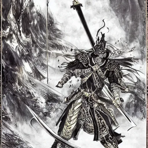 Prompt: a golden handsome magic swordsman with glides through a beautiful battlefield magic the gathering dramatic esoteric pen and ink illustrated in high detail by Yoshitaka Amano