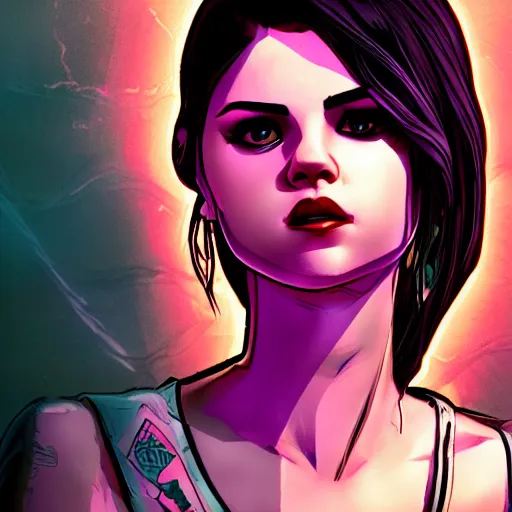 Image similar to selena gomez portrait, borderlands, tales from the borderlands, the wolf among us, comic, cinematic lighting, studio quality, 8 k