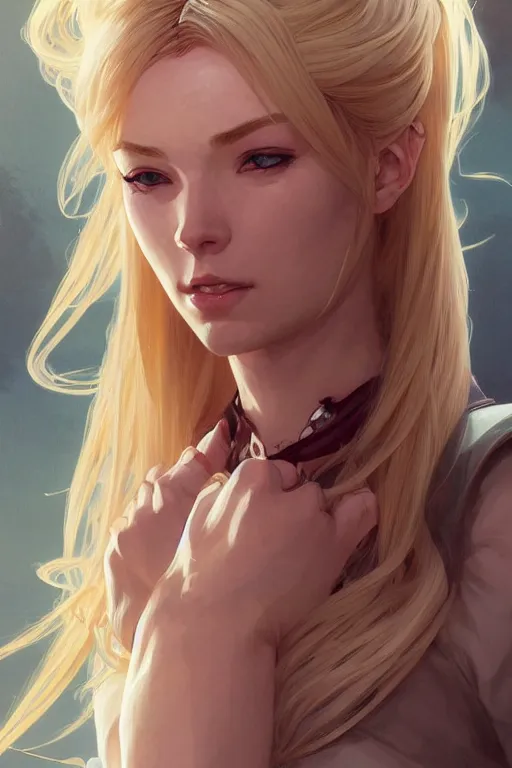 Prompt: a beautiful blond ninja girl, fantasy, portrait, sharp focus, intricate, elegant, digital painting, artstation, matte, highly detailed, concept art, illustration, ambient lighting, art by ilya kuvshinov, artgerm, Alphonse mucha, and Greg Rutkowski