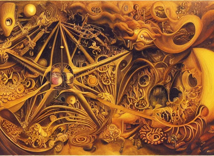 Image similar to the ouroboros of infinite flower universes, by remedios varo, dichromatism, paradox, volumetric light, insanely detailed and intricate, hypermaximalist, warm colors, dramatic lighting, smooth, sharp focus, extremely detailed, aesthetically pleasing composition