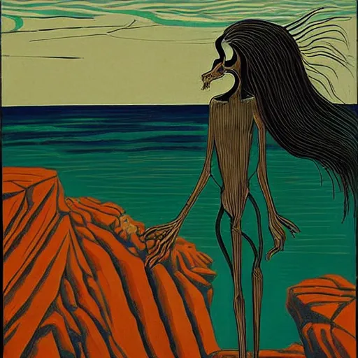 Image similar to A beautiful body art of a human-like creature with long, stringy hair. The figure has no eyes, only a mouth with long, sharp teeth. The creature is standing on a cliff overlooking a dark, foreboding sea. by Jacob Lawrence, by Angus McKie serene