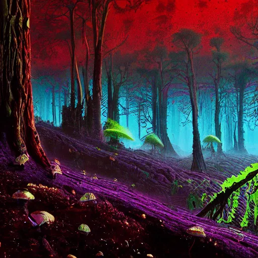 Prompt: A lovely picture of an alien landscape with mycelium aliens by John Berkey, forest made out of mushroom, purple and red and white gradient colour theme, trending on DeviantArt, rendered in blender, 8k resolution, Mountains, no green