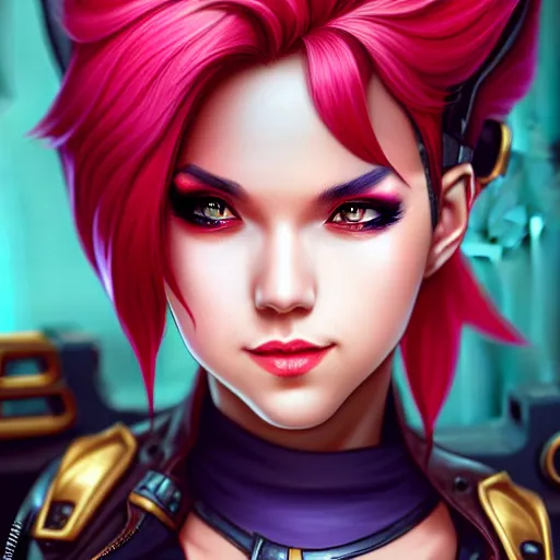 Image similar to ultra detailed portrait of Vi from League of Legends, by Fortiche Studio, from Netflix's Arcane, trending on artstation,fine details, realistic shaded, fine-face, Steampunk city on the background, red hair, painted texture, pretty face,by Artgerm