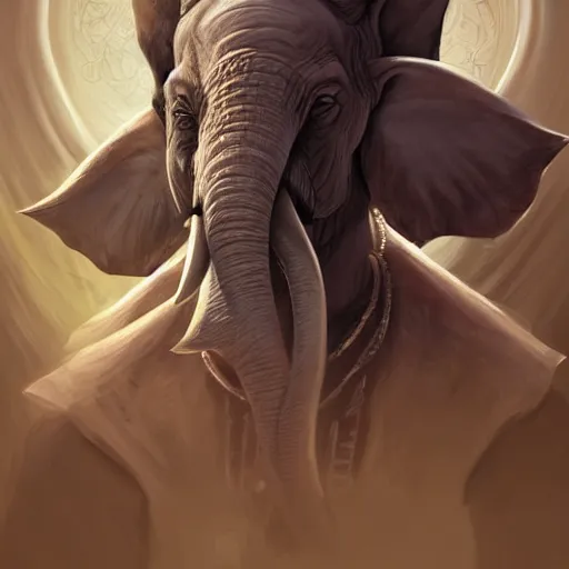 Image similar to Warlock with elephant traits. Character portrait, face close-up, of an anthro elephant warlock in the style of Bastien Lecouffe-Deharme. Tusks, long trunk holding a wand, looks like Ganesh.