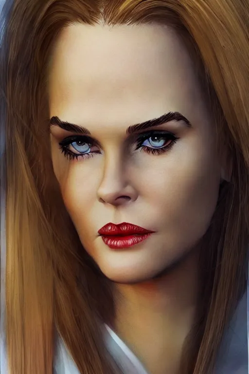 Image similar to mix of beautiful young maria shriver, mariel hemmingway, brooke shields, nicole kidman and elle macpherson as a snake girl with fangs, thin lips, hair tied up in a pony tail, dark blonde hair, colorful, artstation, cgsociety