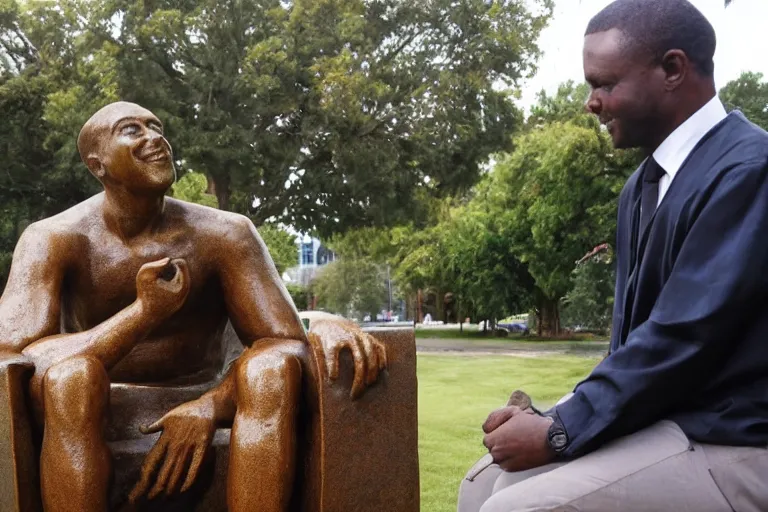 Image similar to a man who is sitting upright in a chair is touching a completed statue