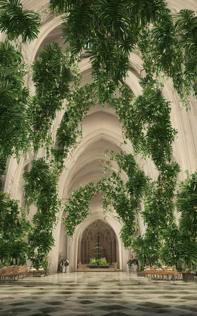 Image similar to beautiful grand cathedral interior with!! koi pond!! in the! middle! surrounded by palm trees, ivy,!! flowers!!, ( tropical plants ),!! roses!!, and with archways, rendered in octane render with photorealistic volumetric cinematic lighting, wide angle, horizontal symmetry, symmetrical! 8 k