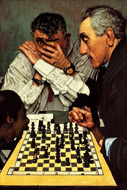 Image similar to franco battiato playing chess painted by norman rockwell