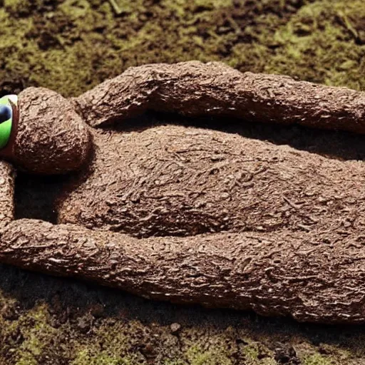 Prompt: bog mummy of kermit the frog, 400 BC, peat bog, archaeological site, hyperreal