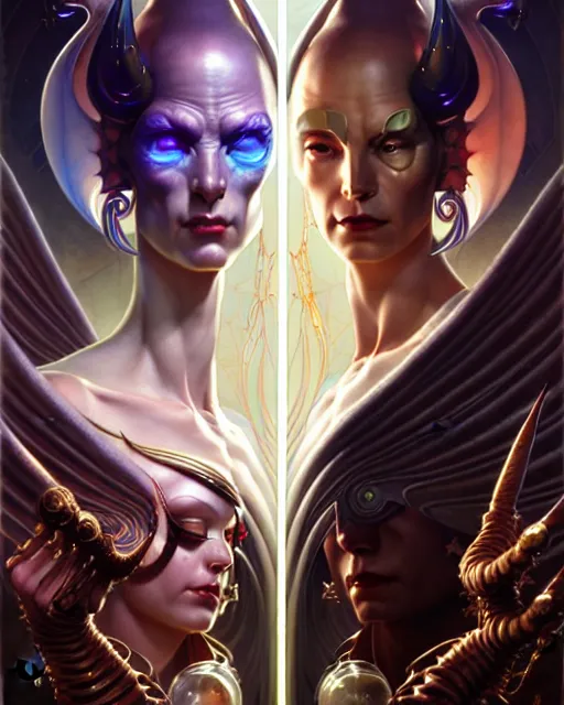 Image similar to beautiful gemini good and evil fantasy character portrait, ultra realistic, wide angle, intricate details, the fifth element artifacts, highly detailed by peter mohrbacher, hajime sorayama, wayne barlowe, boris vallejo, aaron horkey, gaston bussiere, craig mullins