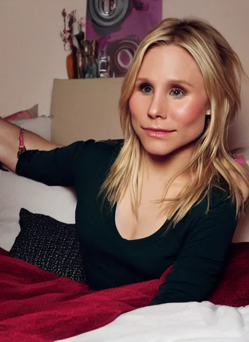 Image similar to through my eyes, first person view, my pov, kristen bell on my bed looking at me, on my bed