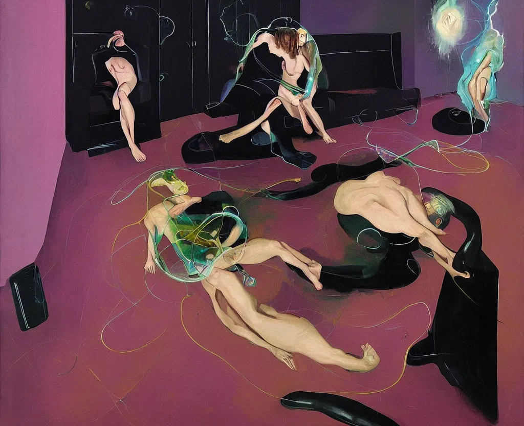 Image similar to Man and woman attached as one by love in a living room of a house, floating serpentine energy surrounds the middle of the room. There is oopen refrigerator to the side of the room, surrounded by a background of dark cyber mystic alchemical transmutation heavenless realm, cover artwork by francis bacon and Jenny seville, midnight hour, part by adrian ghenie, part by jeffrey smith, part by josan gonzales, part by norman rockwell, part by phil hale, part by kim dorland, palette knife texture, paint drip, midnight hour, artstation, highly detailed