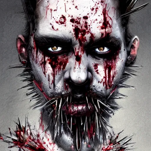 Prompt: portrait painting of a sneering biker with pale skin and spiky hair and a patchy beard and blood stains on his mouth, sharp focus, ultra realistic, concept art, intricate details, eerie, highly detailed, photorealistic, octane render, 8 k, unreal engine. art by artgerm and charlie bowater and greg rutkowski