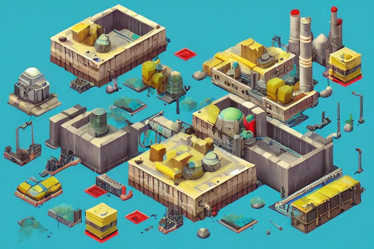 Prompt: isometric soviet industrial rpg game level, pollution, toxic waste, 3 d render, octane render