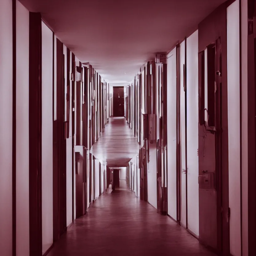 Image similar to spooky photo of a dark infinite hallway with open lit doorways all the way down, dramatic lighting, smoke, ceiling fluorescent lighting, black and red colour palette