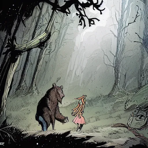 Image similar to character design of a young, beautiful earth witch in wooded forest : : 1, with bear companion, mike mignola style, comics, beautiful composition, wide angle, colorful, cinematic, volumetric lighting, intricate details