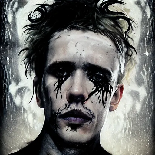 Image similar to stunning portrait of gaunt james franco a ( the cure fan ) as dream from sandman, dim stars as eyes, by jeremy mann, by cedric peyravernay, by by russ mills, by richard avedon and ben templesmith, dramatic lightning, sadness, dark eye sockets, in the shadows, punk rock, gothic, high detailed, 8 k