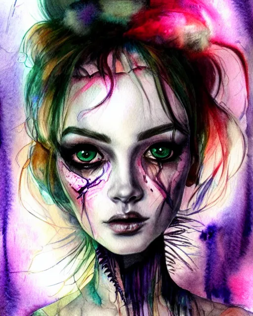 Image similar to pencil portrait with watercolor of a monster high doll, beautiful face, by sabrina eras, alice x. zhang, agnes cecile, blanca alvarez, very detailed