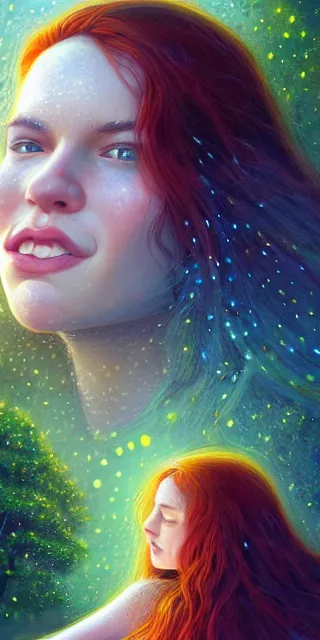 Image similar to infp young woman, smiling amazed, golden fireflies lights, sitting in the midst of nature fully covered, long loose red hair, intricate linework, green eyes, small nose with freckles, oval shape face, realistic, expressive emotions, dramatic lights mystical scene, hyper realistic ultrafine art by michael cheval, jessica rossier, boris vallejo, artgerm