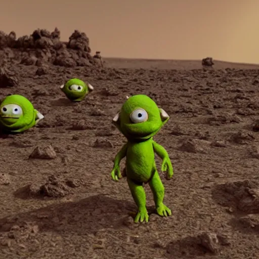 Image similar to 1 9 7 6 synthetic plastic, shiny monsters with large eyes, standing on a martian landscape, cinematic movie scene, inspired by the movie the fifth element and'fraggle rock ', hyperrealistic, fine details, octane render