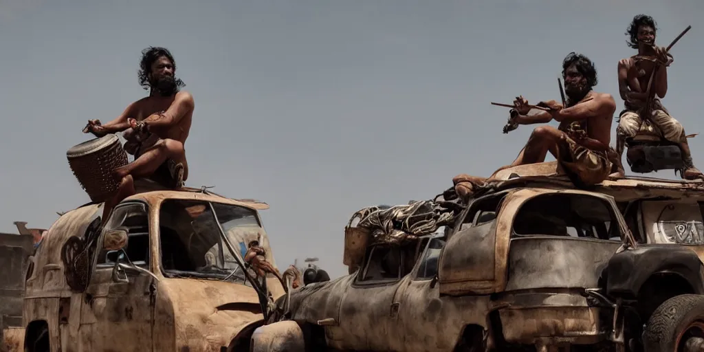 Prompt: sri lankan mad max style, playing bongo drum, on top of a truck, film still, epic shot cinematography, rule of thirds