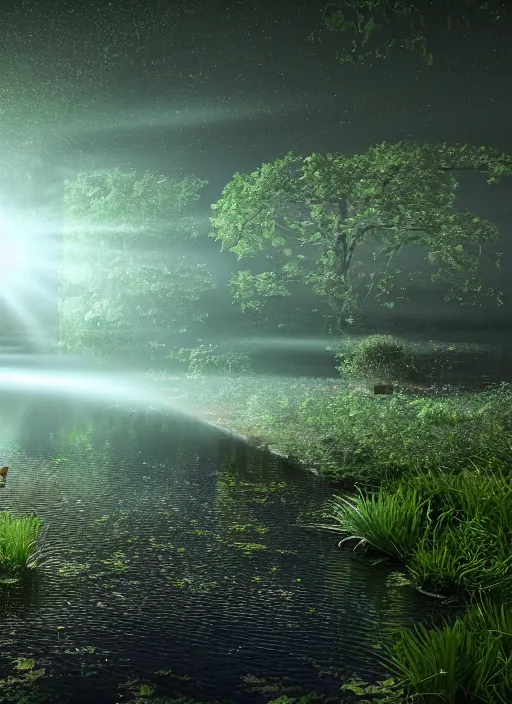 Image similar to photography at night of an ethereal pond with a central sunlight glare, mystical, cyber lights, masterpiece, epic, cinematic, hyperealistic, high detailed, corona render, hdr, ray tracing