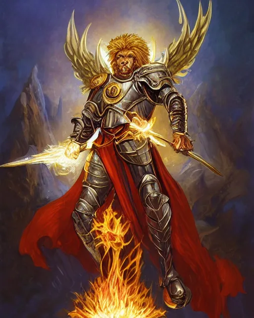 Prompt: mtg character portrait of a brawny male leonin knight african lion angel of justice, with fiery golden wings of flame, wearing shining plate armor, wielding flaming sword and holding large glowing shield, by peter mohrbacher, wadim kashin, greg rutkowski, larry elmore, george pemba, ernie barnes, raymond swanland, magali villeneuve, trending on artstation