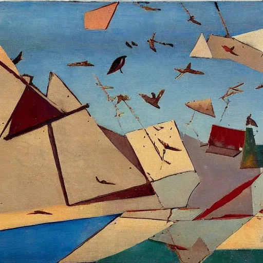 Prompt: A coast with sand and small rocks with a blue sky and a troubled sea and an old sailing ship on the horizon and in the sky is a flock of birds flying southwards, painted in oil colours, cubism