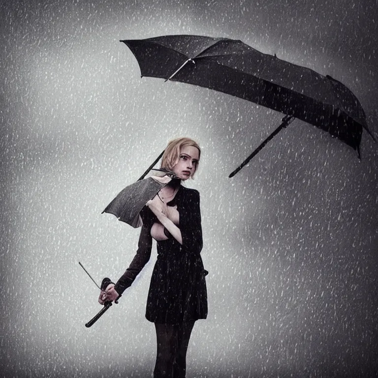 Prompt: cute annie leonhart with an umbrella wallpaper, beautiful face, pale skin, rule of thirds, cinematic lighting, rainy weather, melancholy atmosphere, sharp focus, backlit, model agency, instagram photo, shot on iphone 1 3 pro max, hyper realistic,