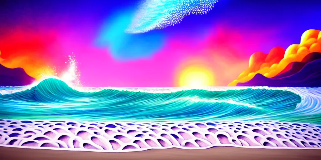 Image similar to a beach shaped like a singing mouth, the waves are made is musical notes, one wave is shaped like the mouths tongue, very colorful painting 8 k trending on art station, intricate details, very realistic, cinematic lighting, volumetric lighting,